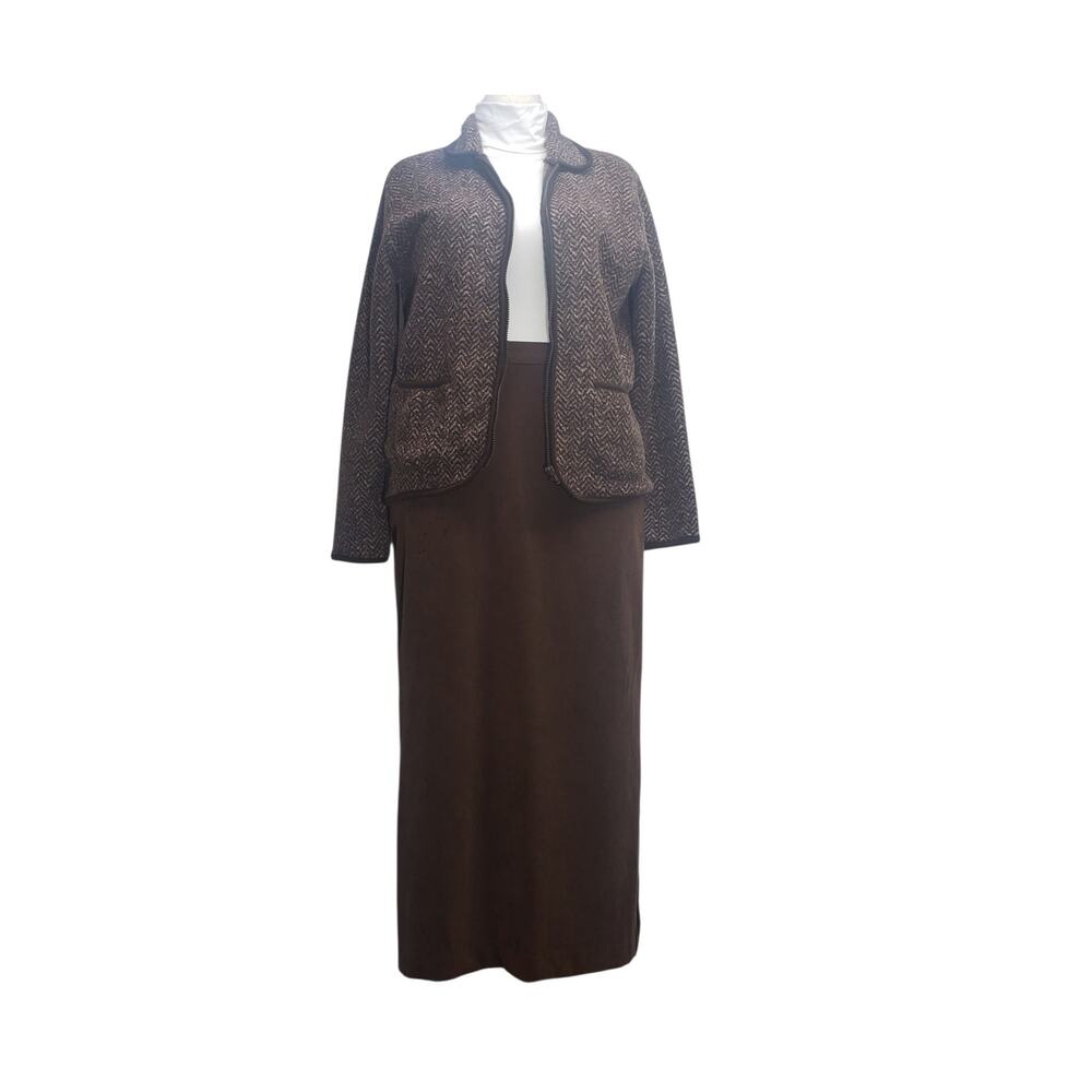 VTG 90s David Hollis Fleece Jacket Maxi Skirt Set L Brown Herringbone Co-ord